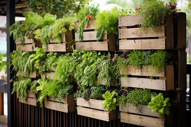 Вертикальный сад Рециклированные поддоны и подвесные растения Генеративный ИИ