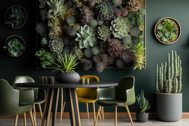 생성 인공 지능으로 만든 빈티지 스타일의 방에 있는 벽에 있는 즙이 많은 식물의 수직 정원