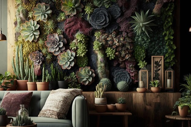 A vertical garden of succulent plants on the wall in a vintage style room created with generative ai