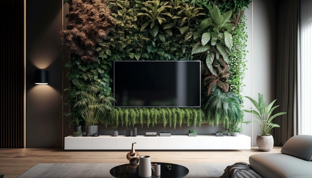 Vertical garden and TV set in modern living room plants Generative Ai