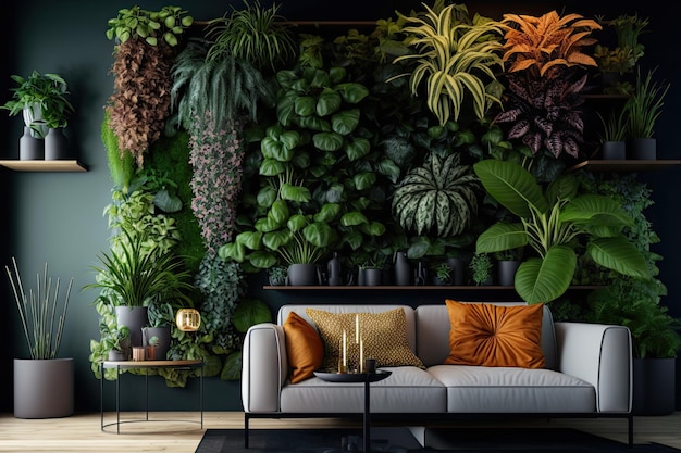 Vertical garden with exotic and tropical plants on wall in living room created with generative ai