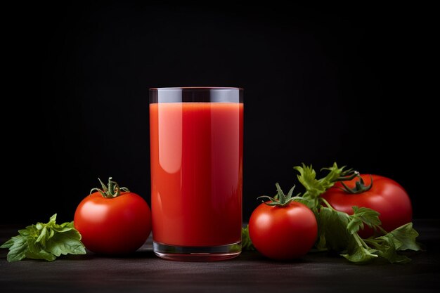 Photo vertical glass of fresh tomato juice and tomato on a grey background