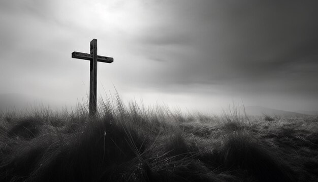 Vertical grayscale shot of a grassy field with a blurred cross