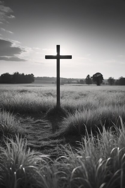 Photo vertical grayscale shot of a grassy field with a blurred cross