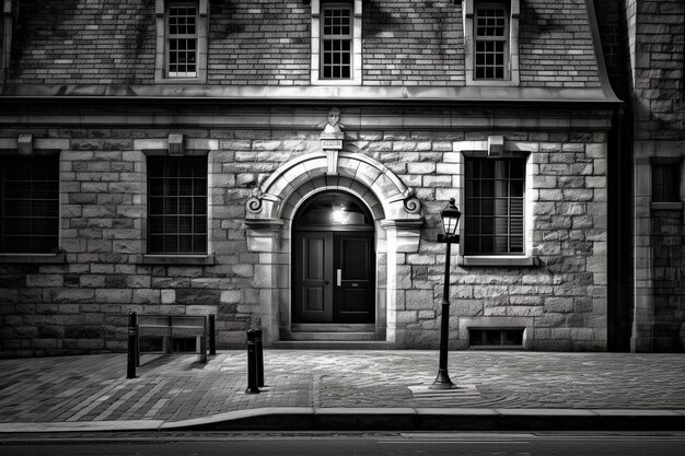 Vertical grayscale shot of an old historical building with an arch