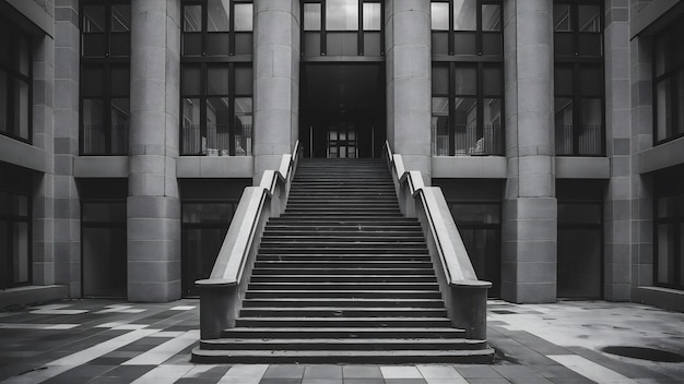 Vertical grayscale shot of a staircase outside a building used for the reconstruction