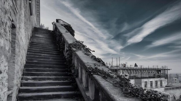 Vertical grayscale shot of a staircase outside a building used for the reconstruction