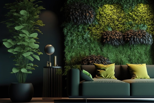 Вертикальная зеленая стена в интерьере черной гостиной