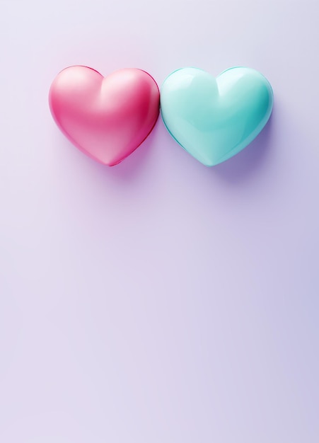 バレンタインデーのカップルのシンボルである2つの小さなパステル色のハートの垂直のグリーティングカード