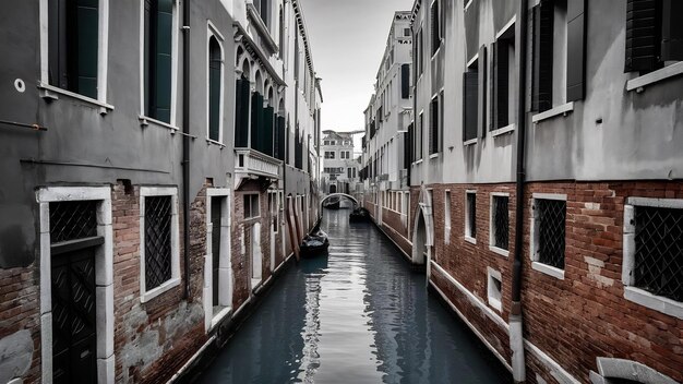 Vertical greyscale shot of a canal in the historic district of venice italy