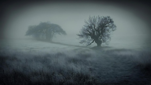 Вертикальный снимок загадочного поля, покрытого туманом.
