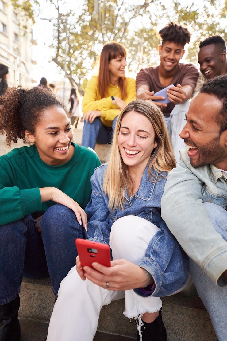 Photo vertical group of young people looking at and using phone sitting on stairs students in free time