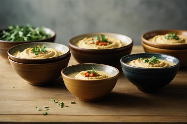 Vertical high angle shot of bowls od hummus ar c