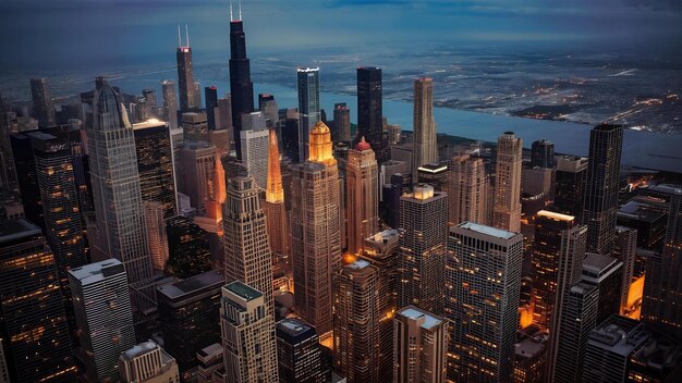 Vertical high angle shot of a cityscape with tall skyscrapers in chicago usa