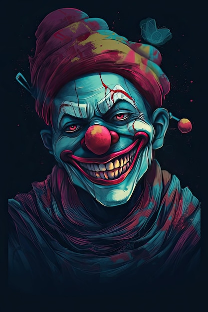 Vertical illustration for Halloween of a portrait of a spooky and smiling clown with a black background Generative AI