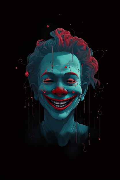 Photo vertical illustration for halloween of a portrait of a spooky and smiling clown with a black background generative ai