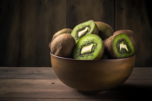 A vertical image of a bowl with fresh kiwi slices on a wooden table
