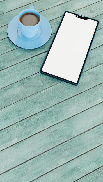 Foto immagine verticale di una tazza di caffè e di un telefono cellulare su un tavolo di legno blu a tema di relax e tecnologia
