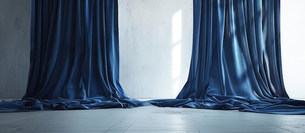 Vertical image of dark blue curtains in front of an empty white space