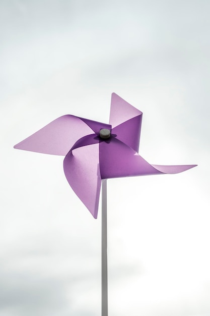 Vertical image in low angle shot of purple pinwheel with background