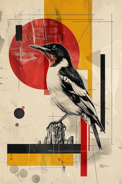 vertical image of magpie bird on red background round shape in collage style dark colors