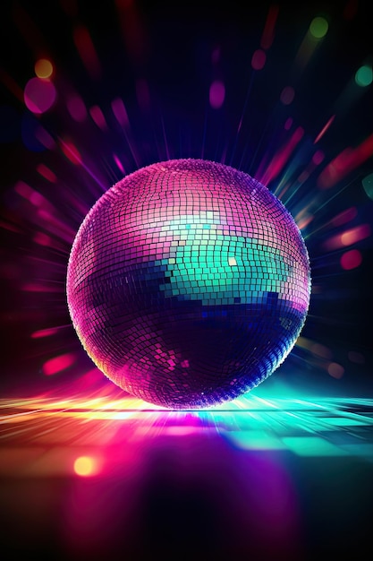 Vertical image of a stunning disco ball with fantastic colorful lights and a vibrant background of colors Generative AI