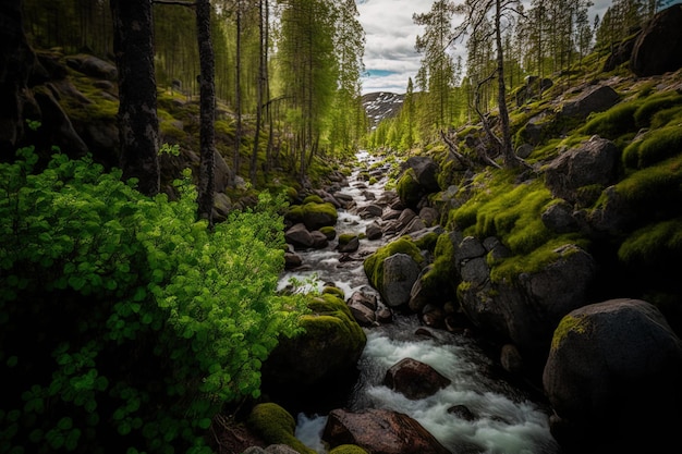 A vertical image of a water stream moving among the rocks in Swedens natural surroundings