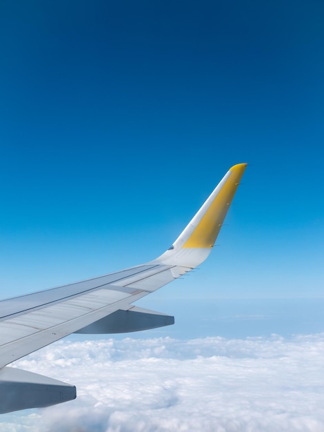 Vertical image wing of a plane during the flight blue sky on the background