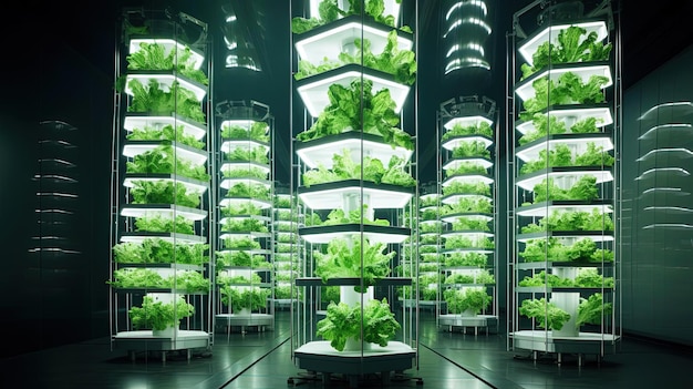 a vertical lettuce growing unit in a building in the style of blurred