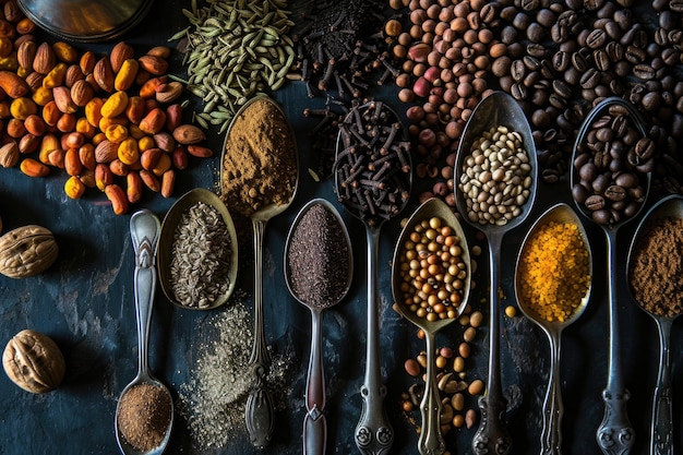 Vertical lines of food and coffee on black background