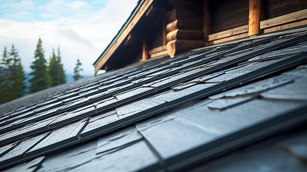 Vertical low angle closeup shot of the black roof of a building Generative AI