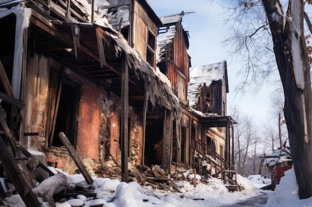Вертикальная фотография сгоревшего здания, покрытого снегом, под низким углом, демонстрирующая обугленные деревянные стены и арку.