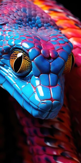 Foto ripresa macro verticale della testa di un serpente bluviola il tema dell'intelligenza artificiale generativa erpetologia