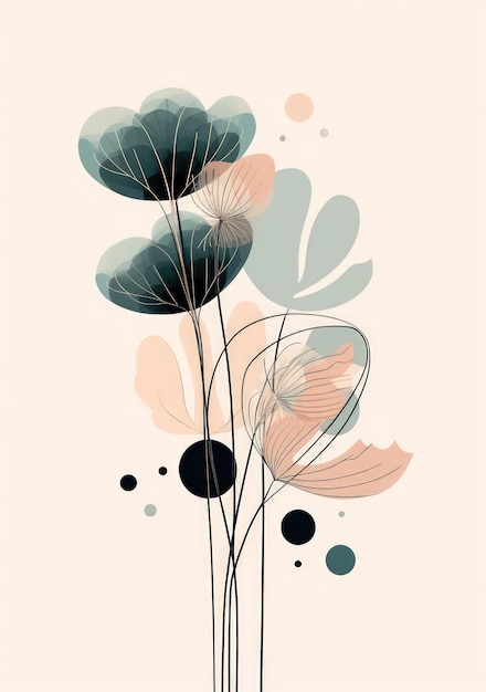 Photo vertical minimalistic poster with abstract flowers in light turquoise and light pink shades