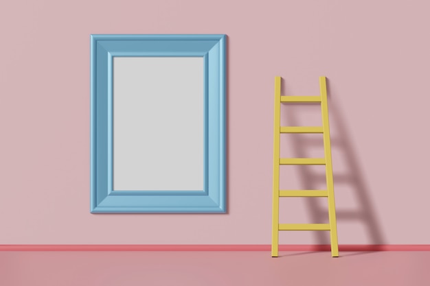 Vertical mock up picture frame blue color hanging on a pink wall near the staircase. Abstract multicolored kids cartoon concept. 3D rendering