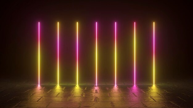 Vertical neon rays shine upward against a dark wall Night club Pink yellow color Tiled floor 3d illustration