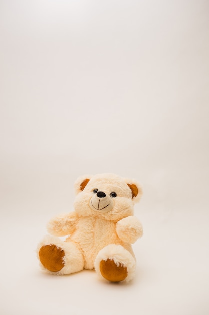 Vertical orientation beige bear toy on a white isolated wall with a copy of the space