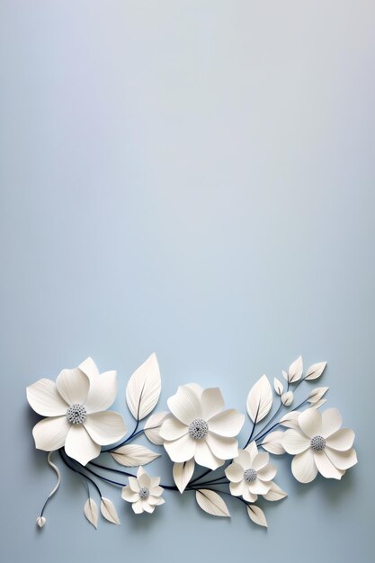 Vertical paper cut composition with white blooming flowers with copy space light background