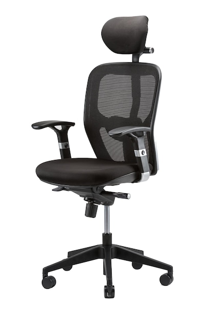 Vertical partial side view of black office chair with headrest isolated on white background