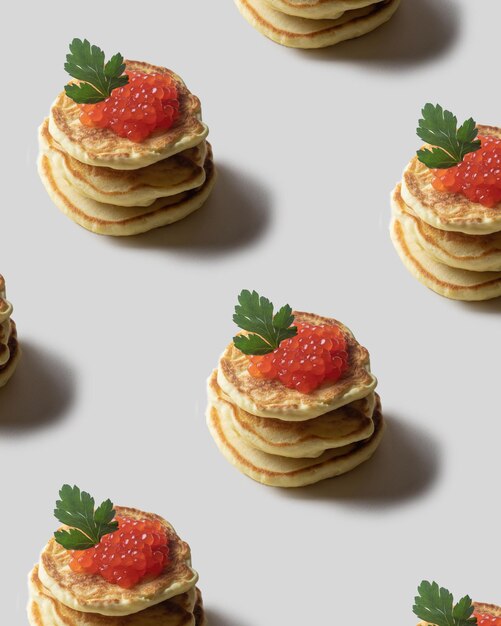 白い背景の上の赤いキャビアとパンケーキの垂直パターン。クッキングテンプレート。プリント、パターン。