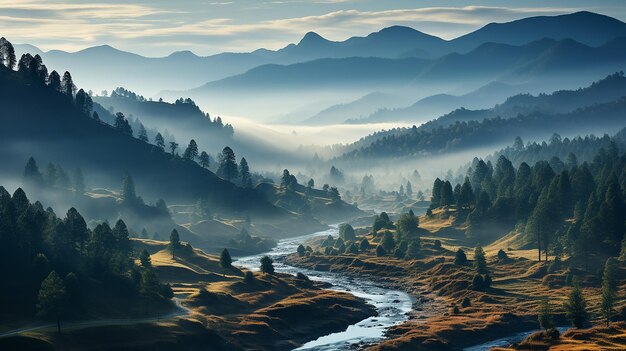 Vertical photo of autumn forest and fog in the mountains