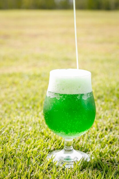 세로 사진, 잔디밭에 유리에 맥주를 넣어. 성 패트릭의 날.