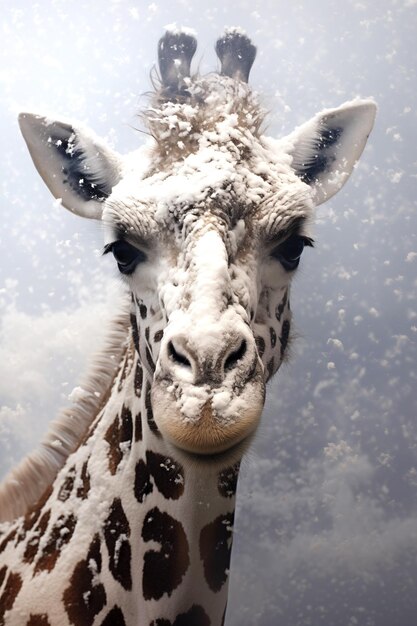 Vertical photo of snow covered jiraffe in savannah