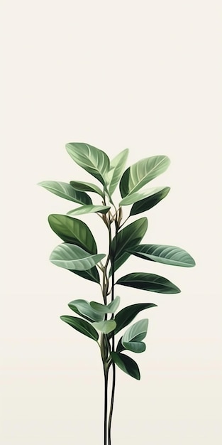 Vertical photo of tropical plant branch with beautiful green leaves in a clear white background wall