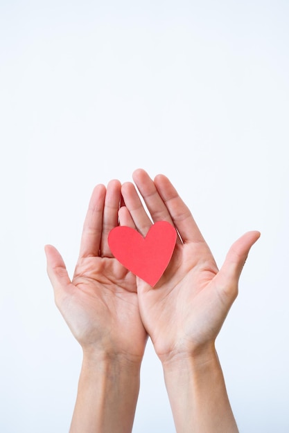 Vertical photo of two hands holding a heart on white background with copy space