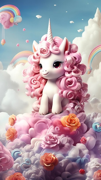 Foto un'immagine verticale di un bellissimo unicorno con una criniera rosa nelle nuvole generativa ai