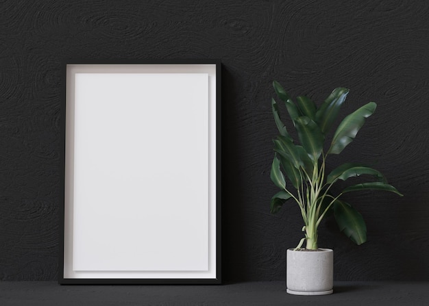 Vertical picture frame mock up on black background Empty frame standing on the floor Copy space to show your artwork Indoor plant 3D rendering