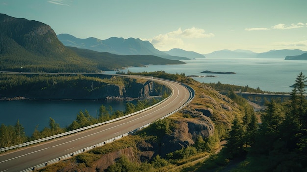 Vertical picture of a long winding road against mountains