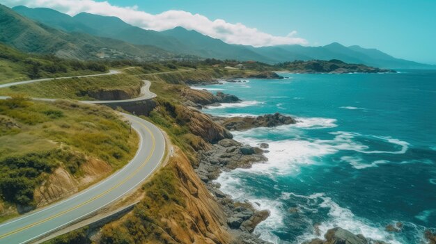 Vertical picture of a long winding road against mountains