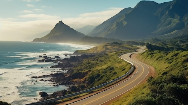 Vertical picture of a long winding road against mountains